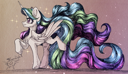 Size: 4080x2383 | Tagged: safe, artist:jsunlight, princess celestia, alicorn, pony, g4, female, long mane, long tail, mare, raised hoof, raised leg, smiling, solo, tail, traditional art