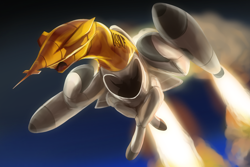 Size: 1500x1000 | Tagged: safe, artist:andromailus, oc, oc only, original species, plane pony, cruise missile, flying, open mouth, plane, project pluto, rocket, sky, solo, this will end in nuclear fallout