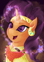 Size: 2480x3508 | Tagged: safe, artist:bethiebo, saffron masala, pony, unicorn, g4, spice up your life, female, glowing, glowing horn, high res, horn, magic, mare, open mouth, open smile, procreate app, smiling, solo, telekinesis