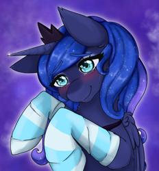 Size: 1710x1839 | Tagged: safe, artist:kittygutzzart, princess luna, alicorn, pony, g4, blushing, bust, clothes, cute, female, heart, heart eyes, lunabetes, mare, portrait, smiling, socks, solo, striped socks, wingding eyes