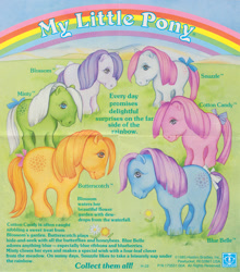 Size: 1055x1200 | Tagged: safe, blossom, blue belle, butterscotch (g1), cotton candy (g1), minty (g1), snuzzle, earth pony, pony, g1, official, blossomdorable, bluebellebetes, bow, cottoncandybetes, cute, female, flower, g1 adorascotch, g1 mintabetes, group, mare, my little pony logo, original six, outdoors, sextet, snuzzlebetes, tail, tail bow