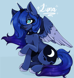 Size: 1961x2048 | Tagged: safe, artist:kittygutzzart, princess luna, alicorn, pony, g4, blue background, chest fluff, colored wings, colored wingtips, cute, female, hair over one eye, lunabetes, mare, open mouth, open smile, raised hoof, simple background, sitting, smiling, solo, wings