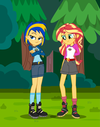 Size: 3039x3840 | Tagged: safe, artist:mlpfan3991, sunset shimmer, oc, oc:flare spark, human, equestria girls, g4, boots, camp everfree outfits, camping, clothes, female, friends, high res, shoes, shorts, socks, tomboy, tree, vector