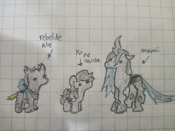 Size: 1600x1200 | Tagged: safe, artist:bloods, queen chrysalis, oc, oc:alejandrogmj, oc:bloods, changeling, pegasus, pony, g4, changeling oc, graph paper, pegasus oc, spanish text, traditional art