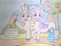 Size: 1918x1443 | Tagged: safe, artist:bitter sweetness, alphabittle blossomforth, queen haven, pegasus, pony, unicorn, g5, abdl, adult foal, apple, baby bottle, bag, blue sky, bush, chocolate, chocolate milk, clothes, colored background, crying, diaper, diaper fetish, dirt road, female, fetish, food, forest, graph paper, grass, hooves, milk, non-baby in diaper, open mouth, pacifier, punishment, saddle bag, shame, socks, spanish, speech bubble, striped socks, tears of sadness, traditional art, tree, walking