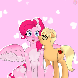 Size: 1073x1073 | Tagged: safe, artist:lsantan_sanl, applejack, pinkie pie, pegasus, pony, g4, alternate hairstyle, alternate universe, commission, community related, drawing, duo, face licking, female, floppy ears, glasses, happy, lesbian, licking, mare, open mouth, pegasus pinkie pie, race swap, romantic, ship:applepie, shipping, simple background, species swap, yellow eyes