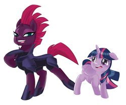 Size: 2150x1800 | Tagged: safe, artist:jackspicerchase, tempest shadow, twilight sparkle, alicorn, pony, unicorn, g4, my little pony: the movie, armor, broken horn, concave belly, duo, eye scar, facial scar, female, folded wings, height difference, horn, mare, open mouth, physique difference, scar, simple background, slender, thin, twilight sparkle (alicorn), white background, wings