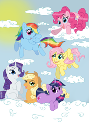 Size: 1275x1755 | Tagged: safe, artist:jackspicerchase, applejack, fluttershy, pinkie pie, rainbow dash, rarity, twilight sparkle, earth pony, pegasus, pony, unicorn, g4, cloud, female, mane six, mare, old art, on a cloud, sky, unicorn twilight