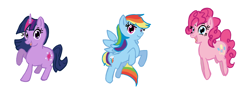 Size: 2500x1000 | Tagged: safe, artist:jackspicerchase, pinkie pie, rainbow dash, twilight sparkle, earth pony, pegasus, pony, unicorn, g4, female, mare, old art, simple background, transparent background, trio, unicorn twilight