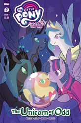 Size: 2063x3131 | Tagged: safe, artist:jenna ayoub, idw, official comic, applejack, princess celestia, princess luna, queen chrysalis, twilight sparkle, winona, alicorn, changeling, changeling queen, dog, earth pony, pony, g4, my little pony classics reimagined: the unicorn of odd, official, applejack's hat, cloak, clothes, comic cover, cover, cover art, cowboy hat, crystal ball, dorothy gale, dress, female, glinda the good witch of the south, good witch of the north, hat, high res, mare, my little pony logo, table, the unicorn of odd, the wizard of oz, toto, twilight sparkle (alicorn), wicked witch of the east, wicked witch of the west