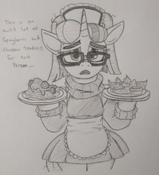 Size: 841x928 | Tagged: safe, artist:jargon scott, moondancer, pony, unicorn, g4, bipedal, chicken meat, chicken tenders, clothes, dialogue, female, food, frown, grayscale, looking at you, maid, mare, meat, monochrome, open mouth, pasta, pencil drawing, plate, solo, spaghetti, talking to viewer, traditional art