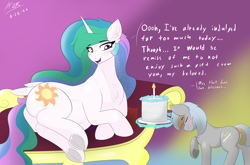 Size: 4700x3100 | Tagged: safe, artist:astrum, princess celestia, oc, oc:shimmering saber, alicorn, pony, unicorn, g4, abstract background, bedroom eyes, belly, belly button, blushing, bowing, butt, cake, cakelestia, candle, canon x oc, chest fluff, chubby, chubbylestia, crossed hooves, curvy, dialogue, digital art, duo, ethereal hair, ethereal mane, ethereal tail, eyes closed, fainting couch, fat, feeding, female, food, furniture, gradient background, kitchen eyes, large belly, large butt, larger female, leaning forward, levitation, lidded eyes, looking down, lying down, magic, male, missing accessory, open mouth, pillow, plot, raised hoof, rear view, royal guard, royal guard oc, ship:guardlestia, shipping, short tail, size difference, smaller male, straight, stuffed, stuffed belly, tail, talking, telekinesis, tray, underhoof, wide hips