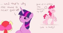 Size: 1200x633 | Tagged: safe, artist:pascal571, apple bloom, pinkie pie, twilight sparkle, earth pony, pony, unicorn, g4, dialogue, eyes closed, female, filly, foal, grin, mare, pink background, simple background, smiling, text, trio, unicorn twilight