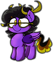 Size: 741x868 | Tagged: safe, artist:malachimoet, oc, oc only, oc:dio, oc:dio devoid, pony, adorable face, antlers, black and yellow tail, black hair, black tail, chibi, cute, glasses, male, male oc, outline, purple fur, simple background, solo, tail, transparent background, white outline, wings, yellow eyes, yellow highlights, yellow tail