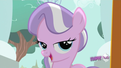 Size: 830x467 | Tagged: safe, screencap, diamond tiara, earth pony, pony, g4, ponyville confidential, season 2, female, filly, foal, hub logo, lidded eyes, logo, looking at you, the hub