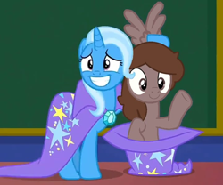 Size: 720x600 | Tagged: safe, artist:bloods, edit, edited screencap, screencap, trixie, oc, oc:bloods, pegasus, pony, unicorn, a matter of principals, g4, cape, chalkboard, clothes, duo, female, grin, hat, mare, nervous, nervous smile, pegasus oc, pony out of a hat, smiling, trixie's cape, trixie's hat