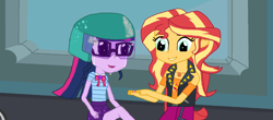 Size: 2100x926 | Tagged: safe, artist:thomaszoey3000, sci-twi, sunset shimmer, twilight sparkle, human, equestria girls, g4, bandage, clothes, geode of empathy, geode of telekinesis, glasses, helmet, magical geodes, wheel