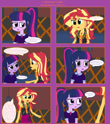 Size: 1808x2039 | Tagged: safe, artist:thomaszoey3000, sci-twi, sunset shimmer, twilight sparkle, human, comic:a shimmering twilight, equestria girls, equestria girls series, g4, clothes, couch, dress, female, geode of empathy, lesbian, magical geodes, ship:sci-twishimmer, ship:sunsetsparkle, shipping