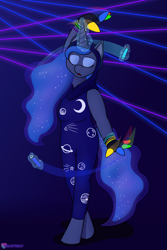Size: 1800x2700 | Tagged: safe, artist:passionpanther, princess luna, alicorn, anthro, series:plur is magic, g4, dancing, equine, eyes closed, glowstick, hood, magic, neon, party, rave, solo, telekinesis