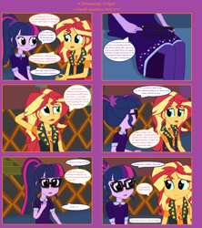 Size: 1808x2039 | Tagged: safe, artist:thomaszoey3000, sci-twi, sunset shimmer, twilight sparkle, human, comic:a shimmering twilight, equestria girls, g4, my little pony equestria girls: better together, clothes, couch, dress, female, geode of empathy, glasses, implied breakup, lesbian, magical geodes, ship:sci-twishimmer, ship:sunsetsparkle, shipping