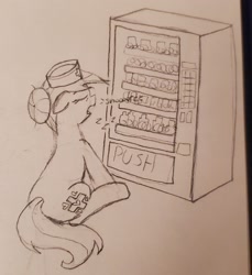Size: 1849x2018 | Tagged: safe, artist:legendoflink, nurse redheart, earth pony, pony, g4, eyes closed, female, from behind, mare, onomatopoeia, open mouth, pencil drawing, sitting, sleeping, snoring, solo, sound effects, traditional art, vending machine, zzz