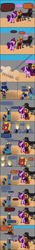 Size: 792x5606 | Tagged: safe, artist:j-yoshi64, oc, oc only, oc:aramau, oc:firebrand, oc:lunacorva, human, hybrid, pony, unicorn, yoshi, comic:taking a self-insert too seriously, analysis bronies, blonde hair, comic, crash landing, crater, dialogue, female, human in equestria, lykorvid, male, mare, pink coat, purple hair, red coat, reference to another series, self insert, speech bubble, stallion