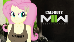 Size: 1920x1090 | Tagged: safe, artist:ah96, artist:edy_january, edit, editor:ah96, fluttershy, human, equestria girls, g4, angry, breasts, busty fluttershy, butterfly hairpin, call of duty, call of duty: modern warfare 2, clothes, fluttermarine, marine, marines, military, parody, soldier, solo, tank top, usmc, wallpaper