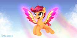 Size: 2400x1200 | Tagged: safe, artist:darksly, scootaloo, pegasus, pony, g4, cloud, colored wings, eyebrows, female, flying, happy, open mouth, open smile, raised eyebrow, raised eyebrows, scootaloo can fly, sky, smiling, solo, sparkles, spread wings, the cmc's cutie marks, wings