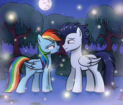 Size: 2247x1920 | Tagged: safe, artist:marakoru_luv, rainbow dash, soarin', firefly (insect), insect, pegasus, pony, g4, duo, duo male and female, female, folded wings, full moon, high res, lake, looking at each other, looking at someone, male, mare, moon, night, outdoors, romantic, ship:soarindash, shipping, smiling, smiling at each other, stallion, straight, tree, water, wings