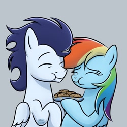 Size: 2200x2200 | Tagged: safe, artist:marakoru_luv, rainbow dash, soarin', pegasus, pony, g4, cookie, duo, duo male and female, eating, eyes closed, female, food, gray background, high res, holding, male, mare, preggo dash, pregnancy cravings, pregnant, ship:soarindash, shipping, simple background, stallion, straight