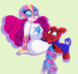 Size: 1783x1709 | Tagged: safe, artist:carouselunique, pinkie pie, human, pig, equestria girls, g4, crossover, duo, female, male, marvel, simple background, sitting, smiling, spider-ham, spider-man, spider-sona, superhero, yellow background