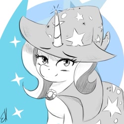 Size: 483x483 | Tagged: safe, artist:gorebox, trixie, pony, unicorn, g4, colored background, grayscale, monochrome, requested art, sketch, smug