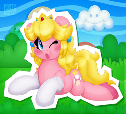 Size: 4000x3601 | Tagged: safe, artist:partypievt, earth pony, pony, blushing, clothes, cloud, crown, ear piercing, earring, female, gloves, grass, high heels, high res, jewelry, lipstick, looking at you, lying down, mare, nintendo, one eye closed, piercing, ponified, princess peach, prone, redraw, regalia, shoes, sky, solo, sploot, super mario bros., wink, winking at you