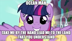 Size: 800x450 | Tagged: safe, edit, edited screencap, screencap, twilight sparkle, alicorn, pony, g4, magical mystery cure, my little pony: friendship is magic, caption, clothes, coronation dress, dress, female, flying, image macro, mare, meme, ocean man, solo, song, spongebob squarepants, text, the spongebob squarepants movie, twilight sparkle (alicorn), ween