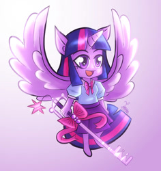 Size: 869x920 | Tagged: safe, artist:azure2006, twilight sparkle, alicorn, human, equestria girls, g4, chibi, eared humanization, female, floating, flying, gradient background, happy, horn, horned humanization, humanized, keyblade, kingdom hearts, open mouth, open smile, smiling, solo, spread wings, twilight sparkle (alicorn), weapon, winged humanization, wings