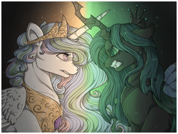 Size: 1280x960 | Tagged: safe, artist:binibean, princess celestia, queen chrysalis, alicorn, changeling, changeling queen, pony, a canterlot wedding, g4, crossed horns, female, glare, gradient background, gritted teeth, horn, horns are touching, looking at each other, looking at someone, mare, scene interpretation, teeth
