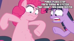 Size: 1920x1080 | Tagged: safe, edit, edited screencap, screencap, pinkie pie, twilight sparkle, alicorn, earth pony, pony, a trivial pursuit, g4, belly, caption, duo, faic, female, fetish fuel, hungry, image macro, looking at belly, mare, nervous sweat, stomach growl, stomach noise, sweat, text, tummy poke, twilight sparkle (alicorn)