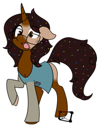 Size: 2060x2600 | Tagged: safe, artist:lex-i, oc, oc only, oc:chocolate sprinkler, pony, unicorn, /ptfg/, clothes, crooked glasses, female, floppy ears, glasses, high res, human to pony, male to female, mare, mid-transformation, open mouth, raised hoof, rule 63, shocked, simple background, solo, transformation, transgender transformation, transparent background