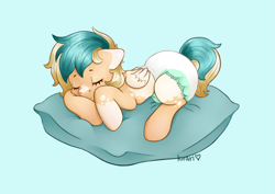 Size: 3507x2480 | Tagged: safe, artist:kirari_chan, oc, oc only, oc:sun light, pegasus, pony, advertisement, auction, baby, blue background, commission, commission info, commissions open, cute, cyan background, diaper, diaper fetish, eyes closed, female, fetish, folded wings, full body, high res, lying, lying down, pegasus oc, pillow, simple background, sleeping, sleepy, solo, wings, ych result