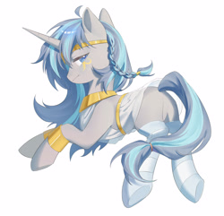 Size: 4000x3850 | Tagged: source needed, safe, artist:贝贝, oc, oc only, oc:cork, pony, unicorn, butt, clothed ponies, clothes, concave belly, cute, egyptian, featureless crotch, female, greek, hooves, long mane, mare, plot, simple background, socks, solo, stockings, striped socks, tail, tail band, thigh highs, underhoof, white background