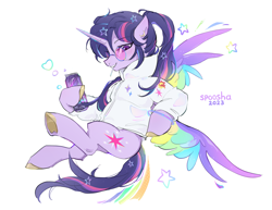 Size: 3412x2634 | Tagged: safe, artist:spoosha, twilight sparkle, alicorn, pony, g4, candy, clothes, colored wings, cutie mark on clothes, female, food, glasses, high res, hoof hold, implied lesbian, implied shipping, implied sunsetsparkle, jacket, jewelry, lollipop, mare, moon, multicolored wings, rainbow wings, round glasses, simple background, soda can, solo, sparkles, stars, sunset shimmer's cutie mark, twilight sparkle (alicorn), underhoof, white background, wings