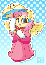 Size: 2849x4000 | Tagged: safe, artist:partypievt, fluttershy, pegasus, pony, g4, bipedal, clothes, cosplay, costume, crossover, dress, ear piercing, earring, female, gloves, jewelry, lipstick, mare, parasol (umbrella), perry, piercing, ponified, princess peach, solo, super mario bros., super princess peach, umbrella