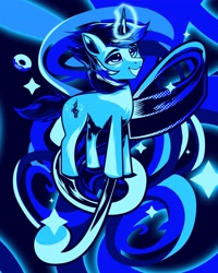 Size: 3277x4096 | Tagged: safe, artist:poxy_boxy, oc, oc only, pony, unicorn, abstract background, bluescale, commission, glowing, glowing horn, grin, horn, looking up, monochrome, smiling, solo