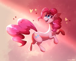 Size: 2732x2200 | Tagged: safe, artist:celes-969, pinkie pie, earth pony, pony, g4, chest fluff, ear fluff, female, heart, high res, looking away, looking up, mare, midair, open mouth, open smile, sketch, smiling, solo, turned head