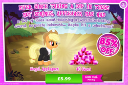 Size: 1962x1302 | Tagged: safe, gameloft, idw, applejack, earth pony, pony, g4, my little pony: magic princess, advertisement, applejack's hat, clothes, costs real money, cowboy hat, donaldjack, english, female, gem, hat, idw showified, introduction card, mare, mobile game, necktie, numbers, sale, solo, suit, text