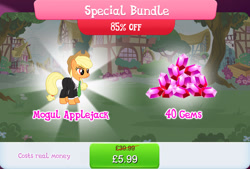 Size: 1268x857 | Tagged: safe, gameloft, idw, applejack, earth pony, pony, g4, my little pony: magic princess, applejack's hat, bundle, clothes, costs real money, cowboy hat, donaldjack, english, female, gem, hat, idw showified, mare, mobile game, necktie, numbers, sale, solo, suit, text