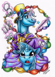 Size: 2498x3498 | Tagged: safe, artist:lupiarts, jack pot, trixie, pony, unicorn, g4, cape, clothes, copic, cute, drawing, family, father and child, father and daughter, female, filly, foal, high res, illustration, looking up, magic, male, markers, traditional art, trixie's cape