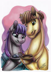 Size: 2475x3458 | Tagged: safe, artist:lupiarts, boulder (g4), maud pie, mudbriar, twiggy, earth pony, pony, g4, boulder, briarbetes, copic, couple, cute, drawing, family, female, high res, illustration, love, male, mare, markers, maudabetes, romance, romantic, ship:maudbriar, shipping, stallion, straight, traditional art