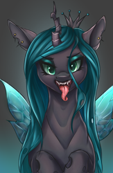Size: 1300x2000 | Tagged: safe, artist:kirby_orange, queen chrysalis, changeling, changeling queen, collaboration:meet the best showpony, g4, bust, collaboration, concave belly, crown, fangs, female, glowing, glowing eyes, glowing wings, gradient background, gray background, insect wings, jewelry, lidded eyes, lighting, looking at you, makeup, open mouth, open smile, portrait, raised hooves, rearing, regalia, shading, slender, slit pupils, smiling, smiling at you, solo, solo focus, spread wings, sternocleidomastoid, teeth, thin, tongue out, wings