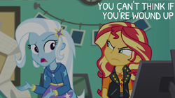 Size: 2000x1125 | Tagged: safe, edit, edited screencap, editor:quoterific, screencap, sunset shimmer, trixie, human, equestria girls, equestria girls specials, g4, my little pony equestria girls: better together, my little pony equestria girls: forgotten friendship